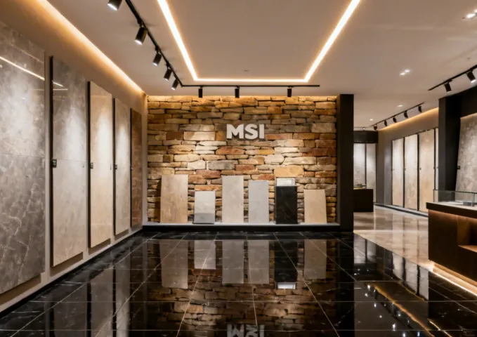 Retail commercial tile flooring and stacked stone wall